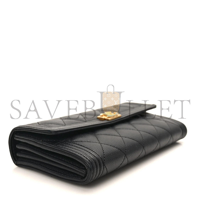 Ch**el CAVIAR QUILTED LARGE BOY GUSSET FLAP WALLET BLACK A80286 (19*10.5*3cm)